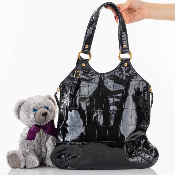 YSL YVES SAINT LAURENT BLACK EMBOSSED PATENT LEATHER TRIBUTE BAG